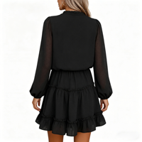 Robe courte mini personnalisée en acrylique et mousseline, à manches longues, style décontracté d'été, avec col noué, volants superposés, coupe trapèze, pour invitée de mariage, à pois et crochetée