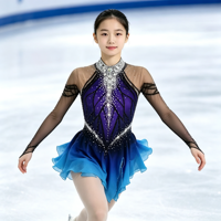 Robe de patinage artistique à col halter dégradé bleu violet, costume en maille à manches longues et strass pour femmes et filles, compétition et spectacle sur glace