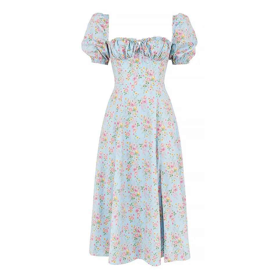 Spring New European and American Independent Station Women's High Waist Floral Dress Square Neck French Waist Tie Long Dress