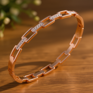 <b>Rose</b> <b>Gold</b> Plated Stainless Steel <b>Bangle</b> Bracelet With CZ Stone Elegant Crystal Jewelry For Women Chain Link Design - Product Image 2