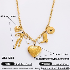 Collier pour femme en acier inoxydable avec pendentif cœur, fait main, DIY, chaîne de clavicule papillon coquillage, doré, romantique - Product Image 2