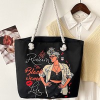 Sac fourre-tout de plage rétro en toile classique, grande capacité, imprimé dessin animé, doublure polyester, fermeture éclair, pratique pour l'extérieur, collection 2026