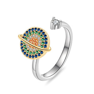 Anillos giratorios antiestrés con diseño de planeta, engastados con circonita cúbica de colores, chapados en oro sobre cobre, joyería minimalista para mujer - Product Image 5