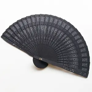 Summer Vintage Folding Bamboo Wooden Carved Black Hand Fan For Wedding Bridal Party