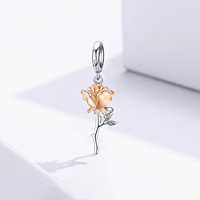 Pendentif en alliage plaqué or rose avec fleur, tige et feuilles argentées, romantique, pour cadeau unisexe