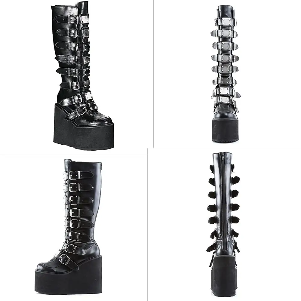 Customize Chunky Platform Round-Toe Zip Punk Goth Mid Calf Combat knee boots women shoes