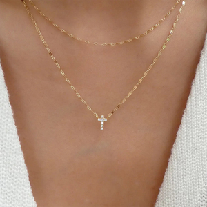 Collier tendance pour femme CANNER S925 en argent sterling, double couche, croix sertie de diamants, chaîne à double maillons - Product Image 3