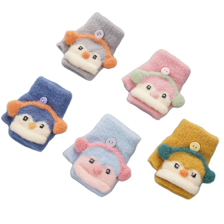 Cute Kids Clamshell Winter Gloves Lovely Cartoon Half Finger Knitting Warm Mittens