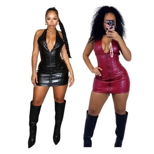 MZ88678 Vestido Halterneck Sexy <span class=keywords><strong>de</strong></span> Piel Sintética para Mujer, Vestido Ajustado sin Mangas, Elástico, Mini Vestido para Club Nocturno - Product Image 1