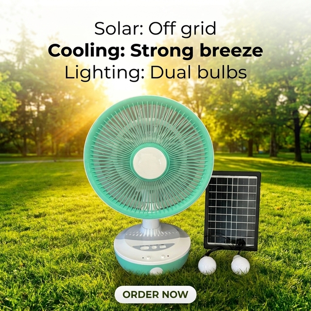 Pine GDP-012T 12 Inch Solar Rechargeable Fan With LED Light, Solar & AC Dual Charging 3 Speed Portable Home Cooling Fan