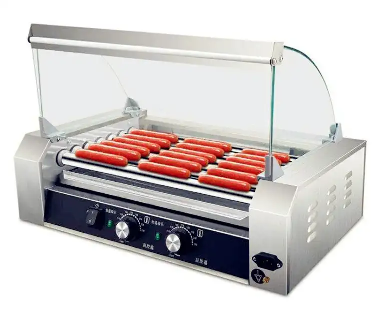 Ticari sosis gıda 7 silindirli hot dog yapma makinesi paslanmaz çelik hot dog rulo ve bun isıtıcı