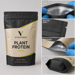 OEM Özel Baskılı, Yeniden Kapatılabilir Fermuarlı, Yüksek Bariyerli Mat Protein Tozu Ambalajı, Ayakta Duran Poşetler - Product Image 3