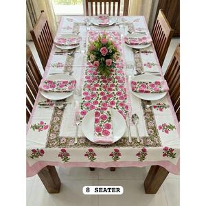 Nappe de table moderne à motifs floraux en coton 100% imprimée à la main avec serviettes pour 8 personnes - Product Image 1