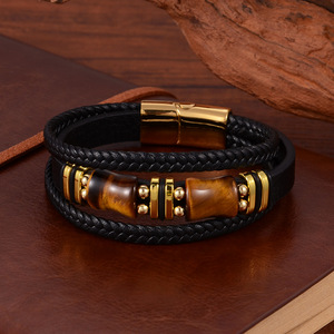 Tiger Eye <b>Bracelet</b> <b>For</b> <b>Men</b> Multi Layer Leather <b>Rope</b> Bangle Stainless Steel Magnetic Clasp Jewelry Everyday Wear - Product Image 3