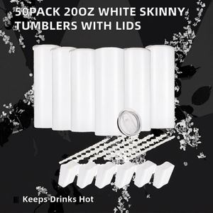25Pack Plastic Vacuum Sublimation <b>Tumblers</b> 20 oz Bulk Blank Skinny Straight Flat Bottom <b>Cups</b> White <b>with</b> Lid and <b>Straw</b> - Product Image 2