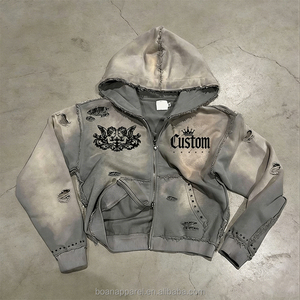 Felpa con cappuccio vintage in cotone effetto sbiadito e distressed, con doppia zip, stampa personalizzata e strass, da uomo, lavaggio acido e strappi - Product Image 1