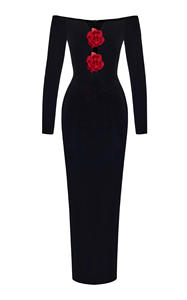 High-end <span class=keywords><strong>Boutique</strong></span> Sexy Slim Vestidos <span class=keywords><strong>Gala</strong></span> Off Shoulder 3D Flower Party Vestido de noche de terciopelo de manga larga - Product Image 2