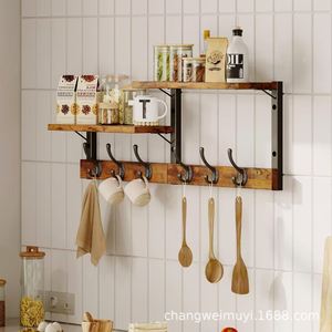 Estante de almacenamiento de madera para montar en la pared, 2 niveles con ganchos para especias, utensilios y tazas de cocina, acabado pintado en color retro - Product Image 1