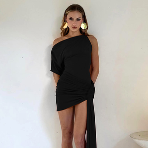 <span class=keywords><strong>Robe</strong></span> mini élégante pour femme, à une épaule, froncée, avec design asymétrique moulant, idéale pour les soirées d'été - Product Image 4