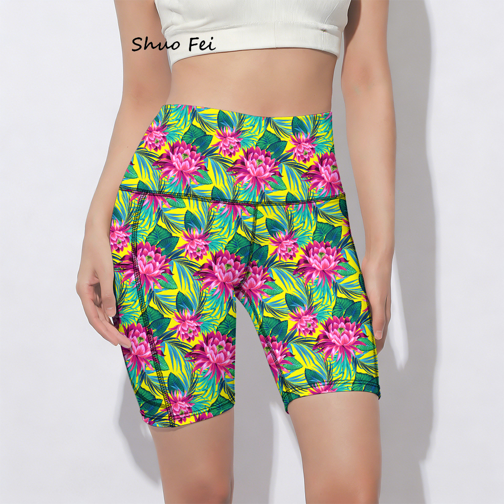 Buttery Soft 230gsm Milk Silk Biker Shorts Vibrant Lotus Flower Print High Waisted Tummy Control Yoga Active Shorts Side Pocket