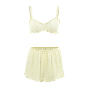 Pyjama d'été extensible pour femme, jaune, en jacquard tricoté, style licou, avec dentelle, ensemble sexy - Product Image 6