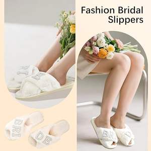 Pantoufles en peluche blanc chaud bout ouvert confortable moelleux je fais perle mariée pour les femmes - Product Image 3