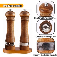 Moulins à poivre en acrylique de qualité supérieure, shakers en bois rechargeables de 8 pouces avec plateau en bois pour la maison, ensemble manuel de moulin à sel et à poivre en bois