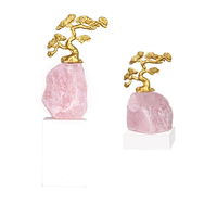 Sculpture d'arbre en quartz rose de luxe, art de bonsaï en métal doré, base en marbre, pierre de cristal rose, décoration pour la maison, le bureau, l'hôtel, usine OEM ODM