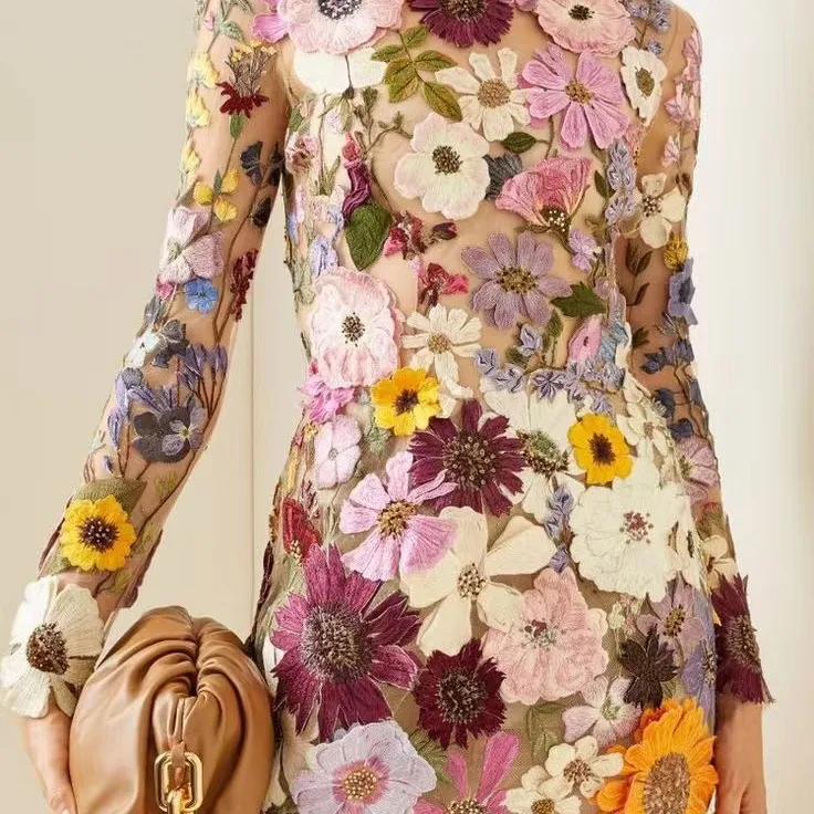 Floral Embroidery Elegant Luxury Women Mini Dress Half High Collar Long Sleeve 2023 Spring Evening Party Lady Vestido