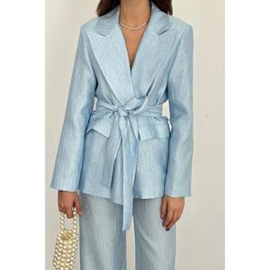 Conjunto de Chaqueta y Pantalones Azules con Cinturón Estilo Oficina para Mujer, Colección Brillante al por Mayor - Product Image 2