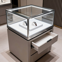 Vitrine de présentation de bijoux en verre avec tiroirs, finition gris mat, acier inoxydable, éclairage LED, écologique, pour montres, boutique de détail