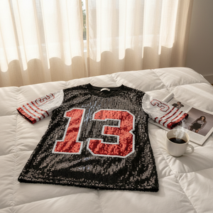New Design Women's Glitter <strong>Sequin</strong> Jersey Eco-Friendly 3D Embroidery Letter Print Dress Number 13 Half Sleeve Loose <strong>Top</strong> <strong>Party</strong> - Product Image 3