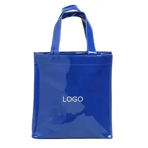 Women Customized Brand Printed Logo Small Black Plastic PVC Glossy Zipper Beach Shopper Tote Bag