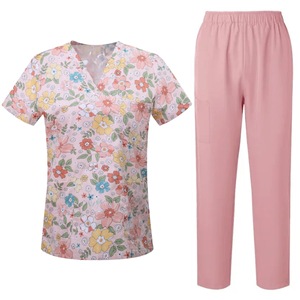 Printed Elastic Surgical Scrub Sets V-Neck Short Sleeve Unisex Hospital Uniforms Moisture Wicking Cotton Woven S XXL - Product Image 5