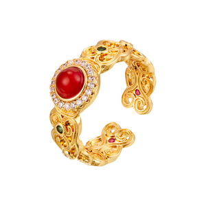 MyMuYu Red Agate Filigree Open Ring Gold Plated Adjustable Index Finger Band Cultural Collectible Jewelry - Product Image 5