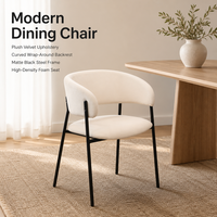 Vente directe d'usine, chaise de salle à manger de restaurant en velours de qualité supérieure, dossier incurvé, coussin rond, cadre en acier noir mat