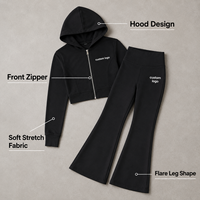 Conjunto de Dos Piezas con Logotipo Personalizado, Sudadera Corta con Cierre Completo de Algodón Negro para Mujer, Pantalones Deportivos Ajustados de Cintura Alta y Corte Acampanado
