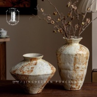 Vas Keramik Jingdezhen Gaya Wabi-Sabi Mewah Ringan Dekorasi Ruang Tamu Bunga Kering Segar Vintage Gaya Cina Rustic