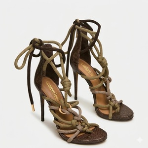 Fabricante de Zapatos de <span class=keywords><strong>Mujer</strong></span> de Marca Blanca, Sandalias con Cordones de Cuerda Trenzada, Tacón de Aguja, Estampado de Serpiente, Sandalias Verde Oliva - Product Image 2