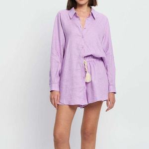 Nuevo Conjunto de Dos Piezas de Lino a Precio Bajo, Camisa de Lino Casual con Cuello Camisero para Mujer, Conjunto de Shorts de Lino con Cintura Elástica, OOTD - Product Image 1