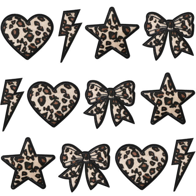 Wholesale Leopard-Print Embroidered Leather Heart & Five-Pointed Star Patches for Bags and Clothing