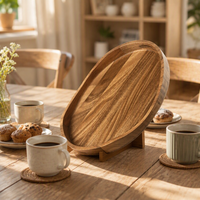 Plateau de service ovale en bois d'acacia avec poignées, plateau en bois pour table basse, présentation de petit-déjeuner