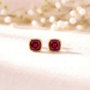 Natural Ruby Faceted Cushion Cut <b>Stud</b> Earrings In 925 <b>Sterling</b> <b>Silver</b> Or 18K Gold Filled Red Gemstone Minimalist Elegant Fine - Product Image 4