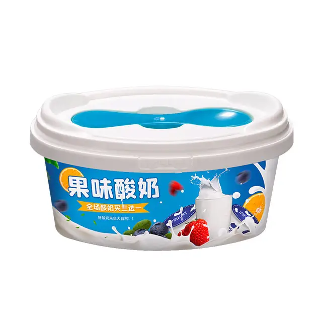 Kemasan Makanan Kualitas IML Logo Kustom Oval 100G Puding Keju Cangkir dengan Sendok Wadah Yogurt