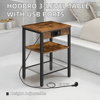 Table de chevet réglable en hauteur en bois massif, 3 niveaux d'étagères, ports de charge USB pour les espaces étroits, salons - Brun rustique