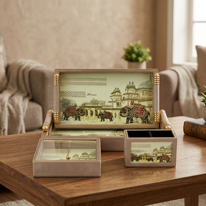 Plateau en similicuir avec poignée, lot de 4 pièces, plateau de service en cuir, plateau de rangement décoratif en MDF avec poignées dorées - Product Image 2