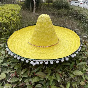 Sombrero de paille mexicain fait à la main en gros été mexicain Cinco De Mayo fête chapeau mexicain à larges bords avec pompon