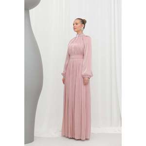 Vestido de noche de gasa con adornos de piedras Puane para mujer - Vestido largo formal de manga larga con corte en A - Rosa empolvado 17001ELB - Product Image 3