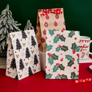 Noël Nouvel An Emballage Cadeau Sac En Papier Kraft Logo Imprimé Pomme Bonbons Paquet Snack Cadeau Sacs En Papier