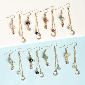 Natural citrine amazonite crystal beads starry sky moon pendant earrings handmade simple trendy dangle chain earrings for women